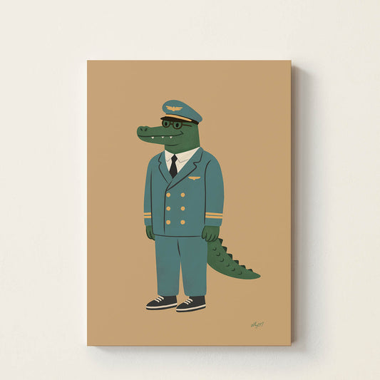 Hand-drawn crocodile wearing a vintage airline captain uniform, pilot hat, glasses, and sneakers, retro-inspired kids wall art for nurseries, bedrooms, playrooms, and reading corners.