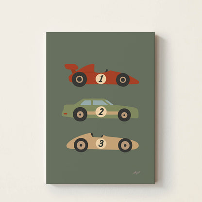 Hand-drawn poster featuring three minimalist vintage race cars in retro colours, children's wall art for nurseries, bedrooms, playrooms, and vehicle-themed rooms.