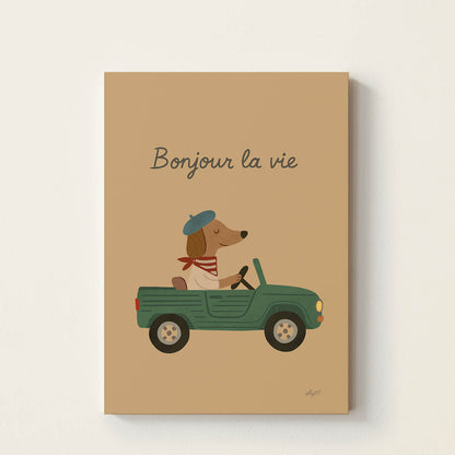 Hand-drawn dog wearing a French beret driving a vintage green car with the words "Bonjour la Vie", retro-inspired adventure wall art for children's bedrooms, nurseries, playrooms, and reading corners.