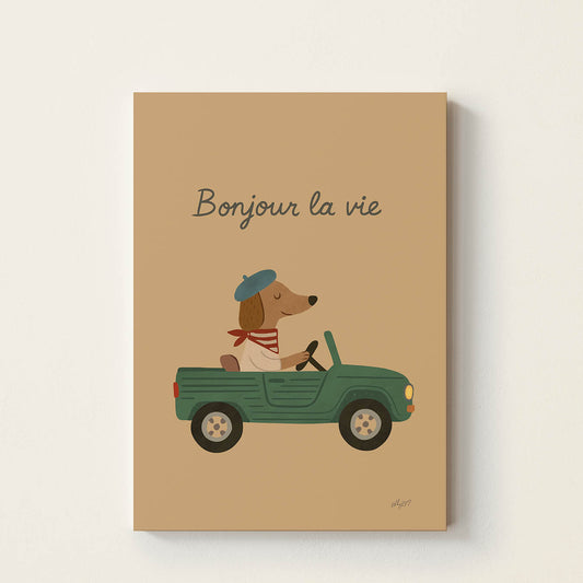 Hand-drawn dog wearing a French beret driving a vintage green car with the words "Bonjour la Vie", retro-inspired adventure wall art for children's bedrooms, nurseries, playrooms, and reading corners.