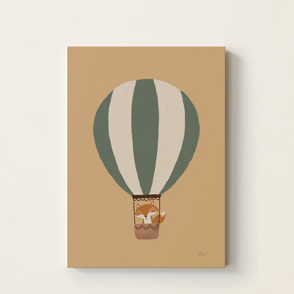 Hand-drawn little fox riding in a vintage hot air balloon, adventure-inspired kids wall art for nurseries, bedrooms, playrooms, and reading corners.