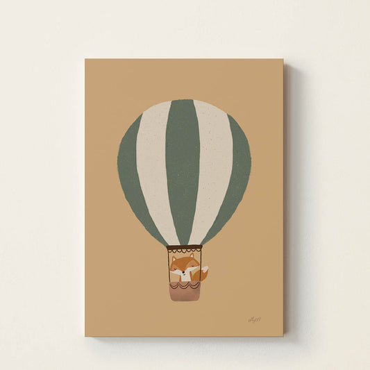 Hand-drawn little fox riding in a vintage hot air balloon, adventure-inspired kids wall art for nurseries, bedrooms, playrooms, and reading corners.