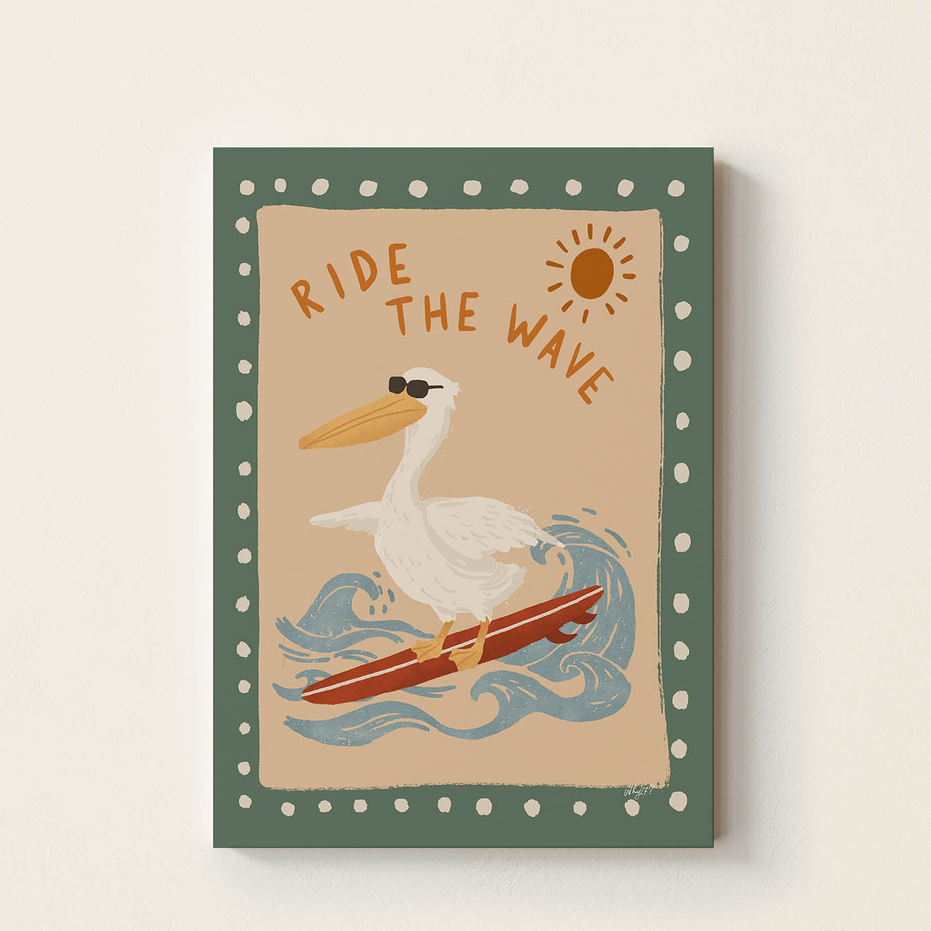 Hand-drawn pelican wearing sunglasses while surfing on a red surfboard beneath the words "Ride the Wave", retro-inspired surf wall art for nurseries, children's bedrooms, playrooms, and beach houses.