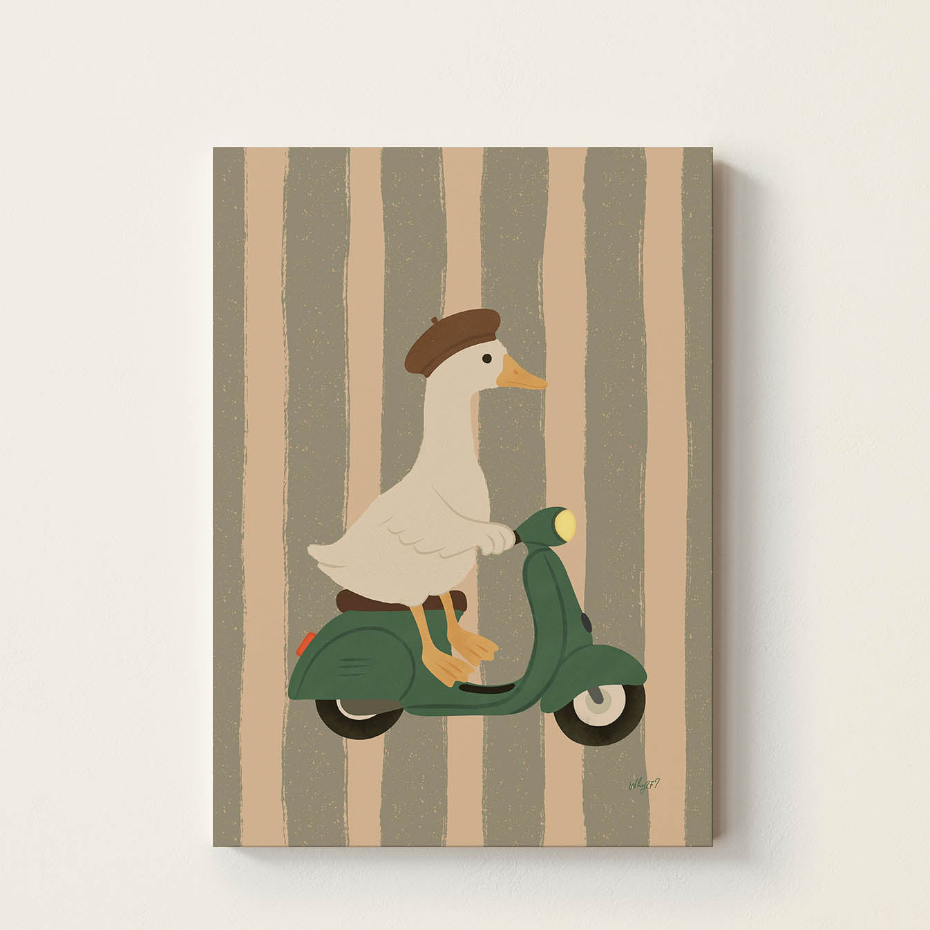 Hand-drawn goose wearing a French beret while riding a vintage green scooter, retro-inspired wall art for nurseries, children's bedrooms, playrooms, and reading corners.