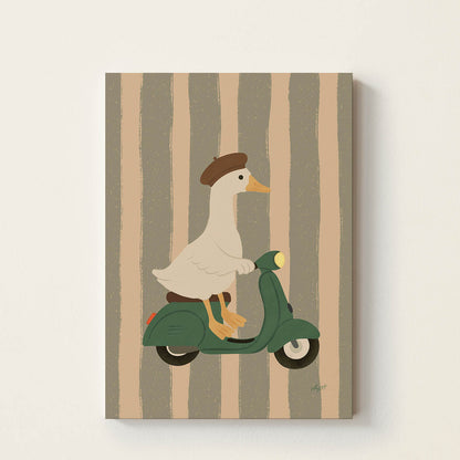 Hand-drawn goose wearing a French beret while riding a vintage green scooter, retro-inspired wall art for nurseries, children's bedrooms, playrooms, and reading corners.