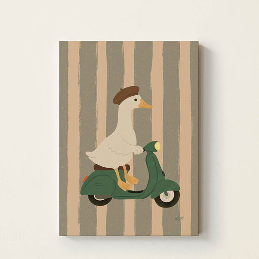 Hand-drawn goose wearing a French beret while riding a vintage green scooter, retro-inspired wall art for nurseries, children's bedrooms, playrooms, and reading corners.