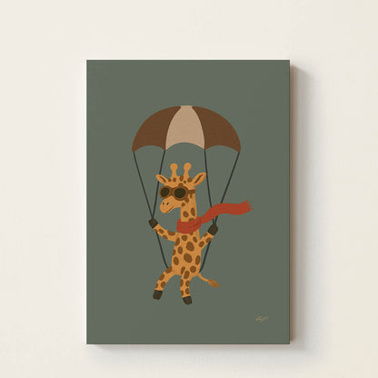 Hand-drawn giraffe wearing vintage aviator goggles and a red scarf floating beneath a parachute, retro-inspired adventure wall art for nurseries, bedrooms, playrooms, and reading corners.