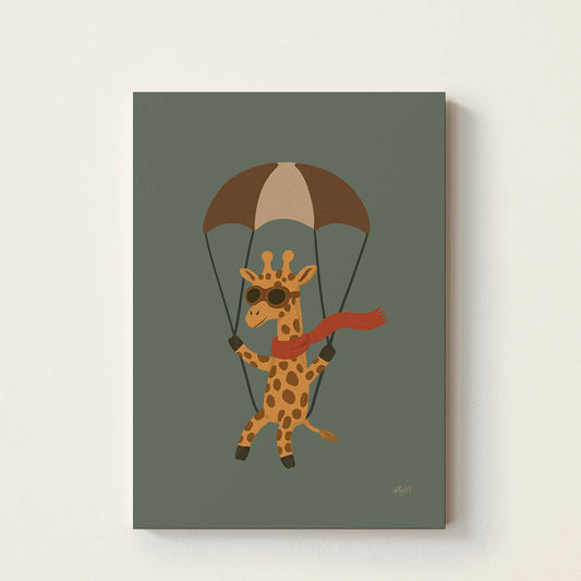 Hand-drawn giraffe wearing vintage aviator goggles and a red scarf floating beneath a parachute, retro-inspired adventure wall art for nurseries, bedrooms, playrooms, and reading corners.