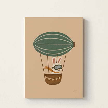 Hand-drawn bunny wearing aviator goggles flying in a vintage hot air balloon, adventure-inspired kids wall art for nurseries, bedrooms, playrooms, and reading corners.