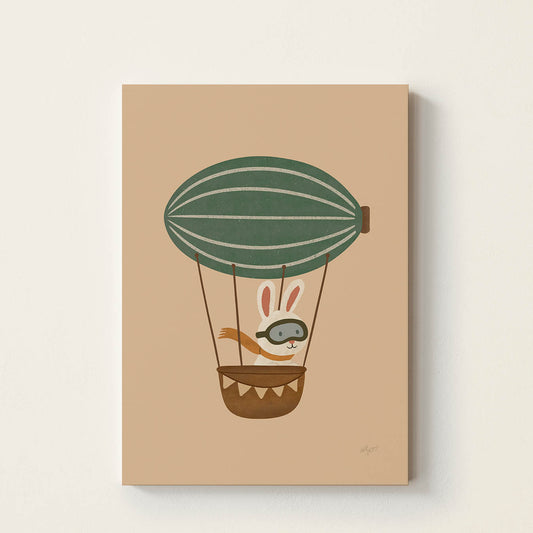 Hand-drawn bunny wearing aviator goggles flying in a vintage hot air balloon, adventure-inspired kids wall art for nurseries, bedrooms, playrooms, and reading corners.