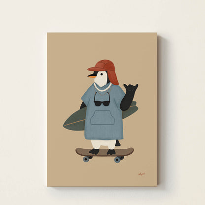 Hand-drawn penguin carrying a surfboard while riding a skateboard, wearing a red cap, sunglasses, and a beach poncho, retro-inspired coastal wall art for nurseries, bedrooms, playrooms, and beach houses.