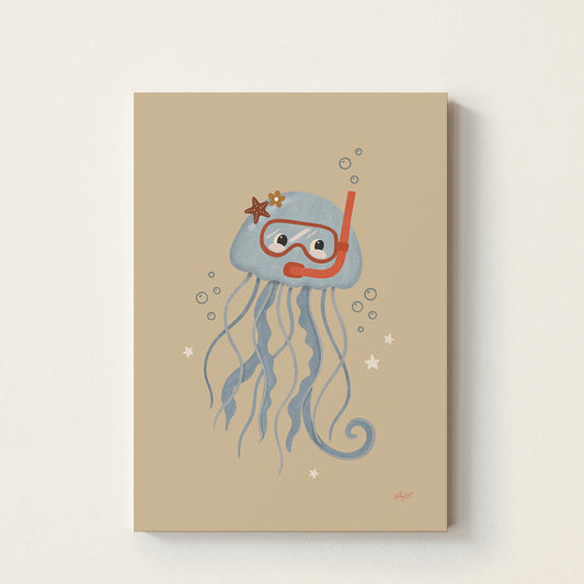 Hand-drawn smiling jellyfish wearing snorkel goggles and a snorkel, playful ocean-themed wall art for nurseries, children's bedrooms, playrooms, and coastal-inspired spaces.