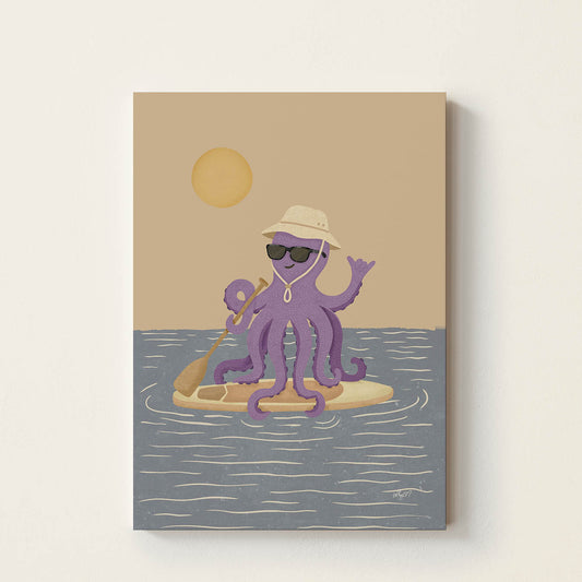 Hand-drawn purple octopus wearing sunglasses and a sun hat while paddle boarding on the ocean, retro-inspired coastal wall art for children's bedrooms, nurseries, playrooms, and beach houses.