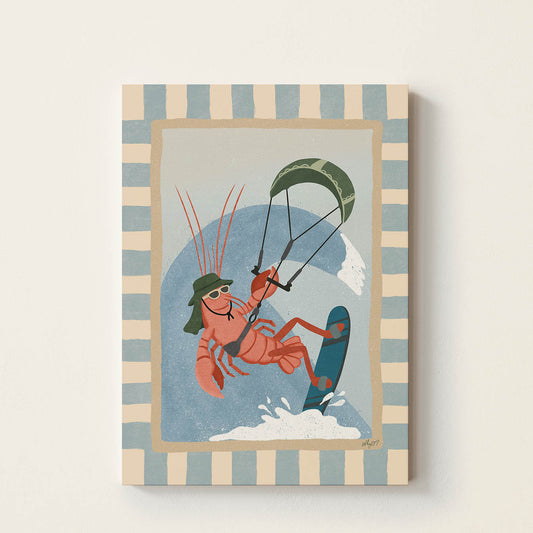Hand-drawn lobster wearing sunglasses and a sun hat while kitesurfing across the ocean, retro-inspired beach wall art for nurseries, bedrooms, playrooms, and coastal-inspired spaces.