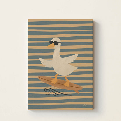 Hand-drawn duck wearing sunglasses riding a surfboard over a stylized wave, retro-inspired coastal wall art for nurseries, children's bedrooms, playrooms, and beach houses.