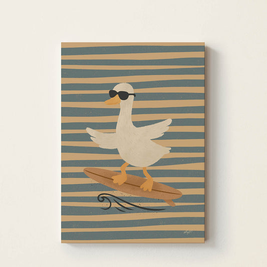 Hand-drawn duck wearing sunglasses riding a surfboard over a stylized wave, retro-inspired coastal wall art for nurseries, children's bedrooms, playrooms, and beach houses.