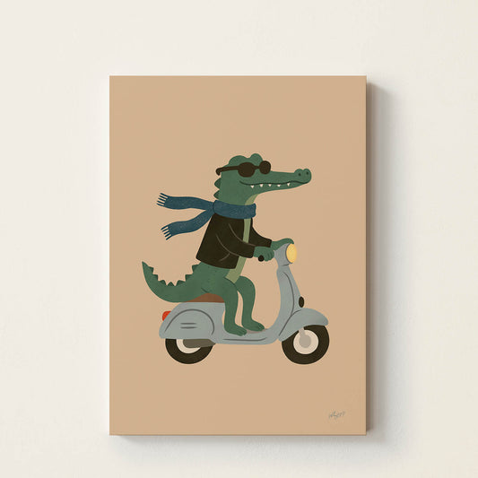 Hand-drawn crocodile wearing sunglasses, a scarf, and a leather jacket while riding a vintage scooter, retro-inspired kids wall art for nurseries, bedrooms, playrooms, and adventure-themed rooms.