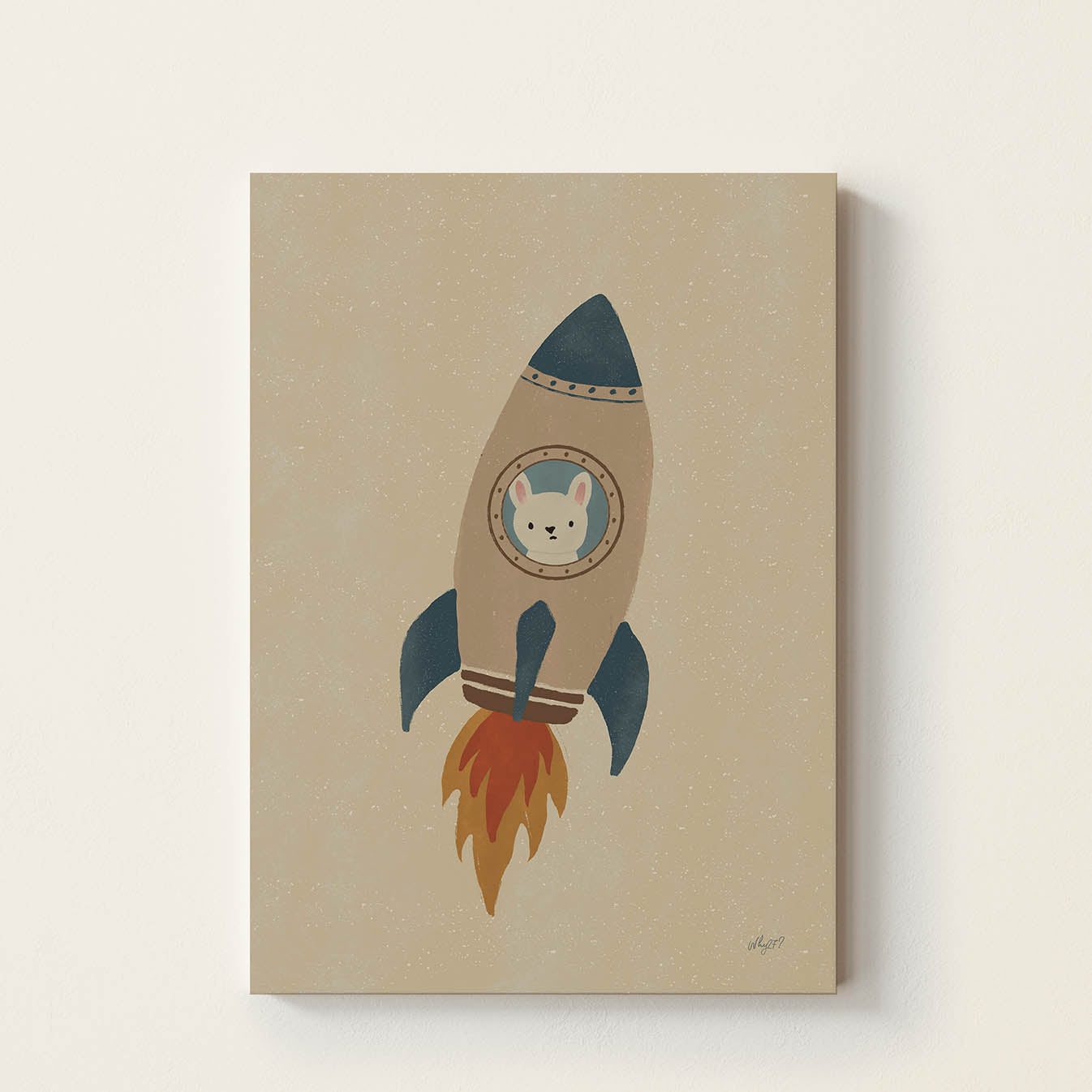 Hand-drawn bunny peeking through the window of a vintage rocket ship, whimsical space-themed wall art for nurseries, children's bedrooms, playrooms, and reading corners.