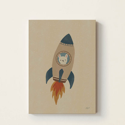 Hand-drawn bunny peeking through the window of a vintage rocket ship, whimsical space-themed wall art for nurseries, children's bedrooms, playrooms, and reading corners.