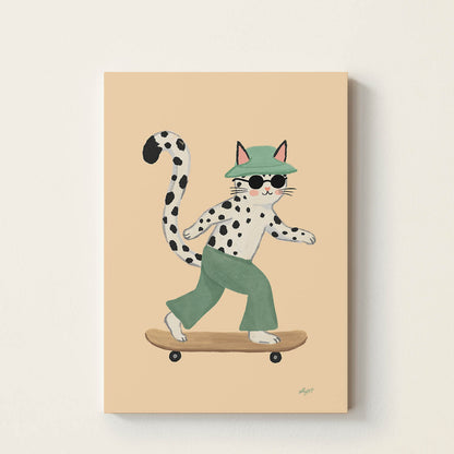 Hand-drawn spotted cat wearing sunglasses and a green bucket hat while riding a skateboard, retro-inspired skateboard wall art for nurseries, bedrooms, and playrooms.