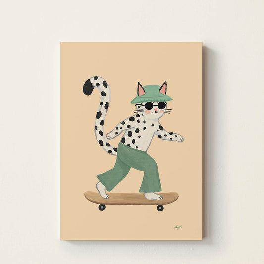 Hand-drawn spotted cat wearing sunglasses and a green bucket hat while riding a skateboard, retro-inspired skateboard wall art for nurseries, bedrooms, and playrooms.