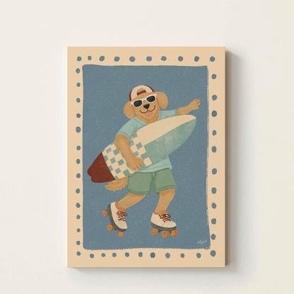 Hand-drawn dog wearing sunglasses and roller skates while carrying a surfboard, framed with a vintage border, coastal-inspired wall art for nurseries, bedrooms, and playrooms.