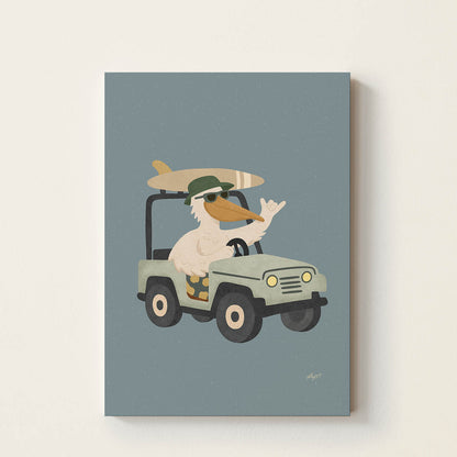Hand-drawn pelican wearing sunglasses and a green bucket hat driving a vintage beach cruiser with a surfboard on the roof, coastal-inspired wall art for nurseries, bedrooms, and playrooms.
