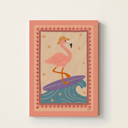 Hand-drawn pink flamingo balancing on a surfboard above ocean waves, playful coastal kids wall art poster for nursery, bedroom, and playroom decor.