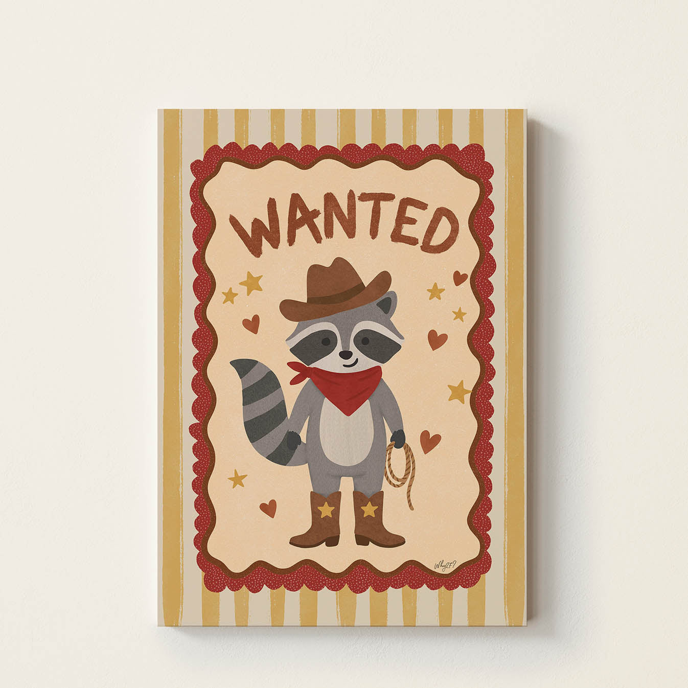 Hand-drawn raccoon dressed as a cowboy wearing boots, a hat, and a bandana beneath the word "Wanted", western-inspired wall art for nurseries, children's bedrooms, playrooms, and reading corners.
