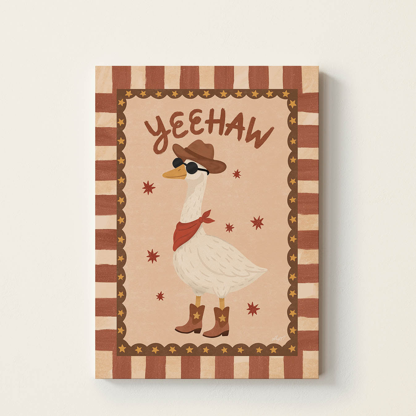 Hand-drawn goose dressed as a cowboy wearing a western hat, bandana, boots, and sunglasses beneath the word "Yeehaw", retro western wall art for nurseries, children's bedrooms, playrooms, and reading corners.