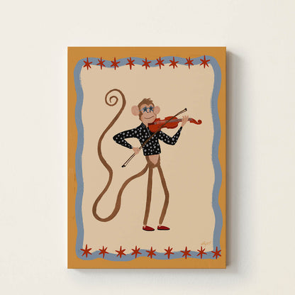 Hand-drawn monkey wearing star-shaped glasses while playing a violin, framed with a vintage-inspired border, retro kids wall art for nurseries, bedrooms, playrooms, and music rooms.